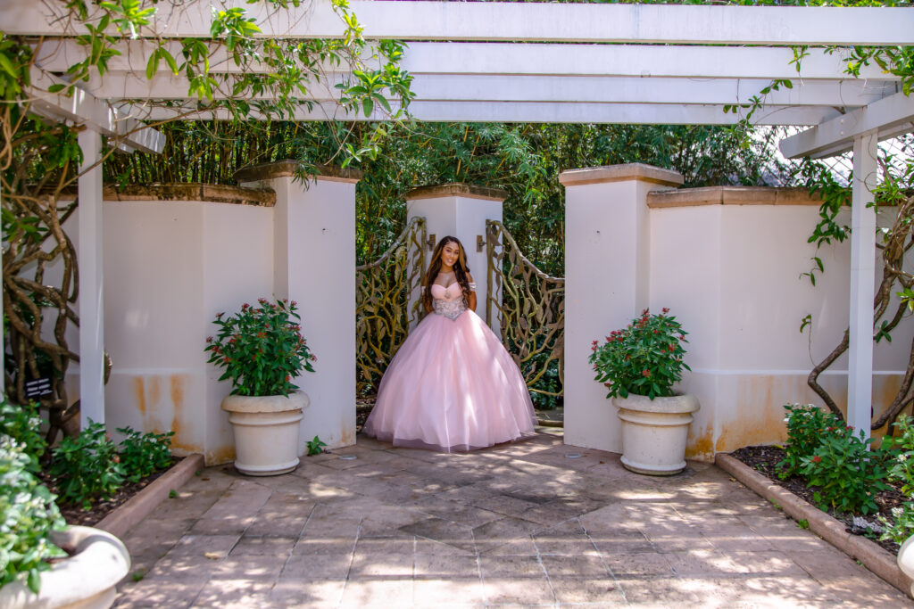 Quinceanera girl in her pink dress with trees in the background
