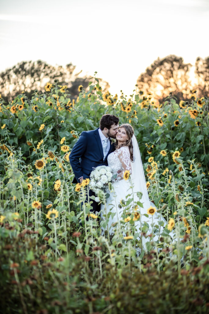 Groom kissing the bride on the cheek in the middle of a sunflower field