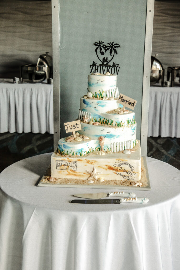 5 tier wedding cake with beach decor