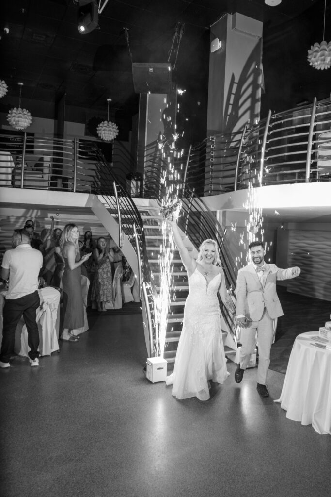 bride and groom reception entrance with cold sparklers