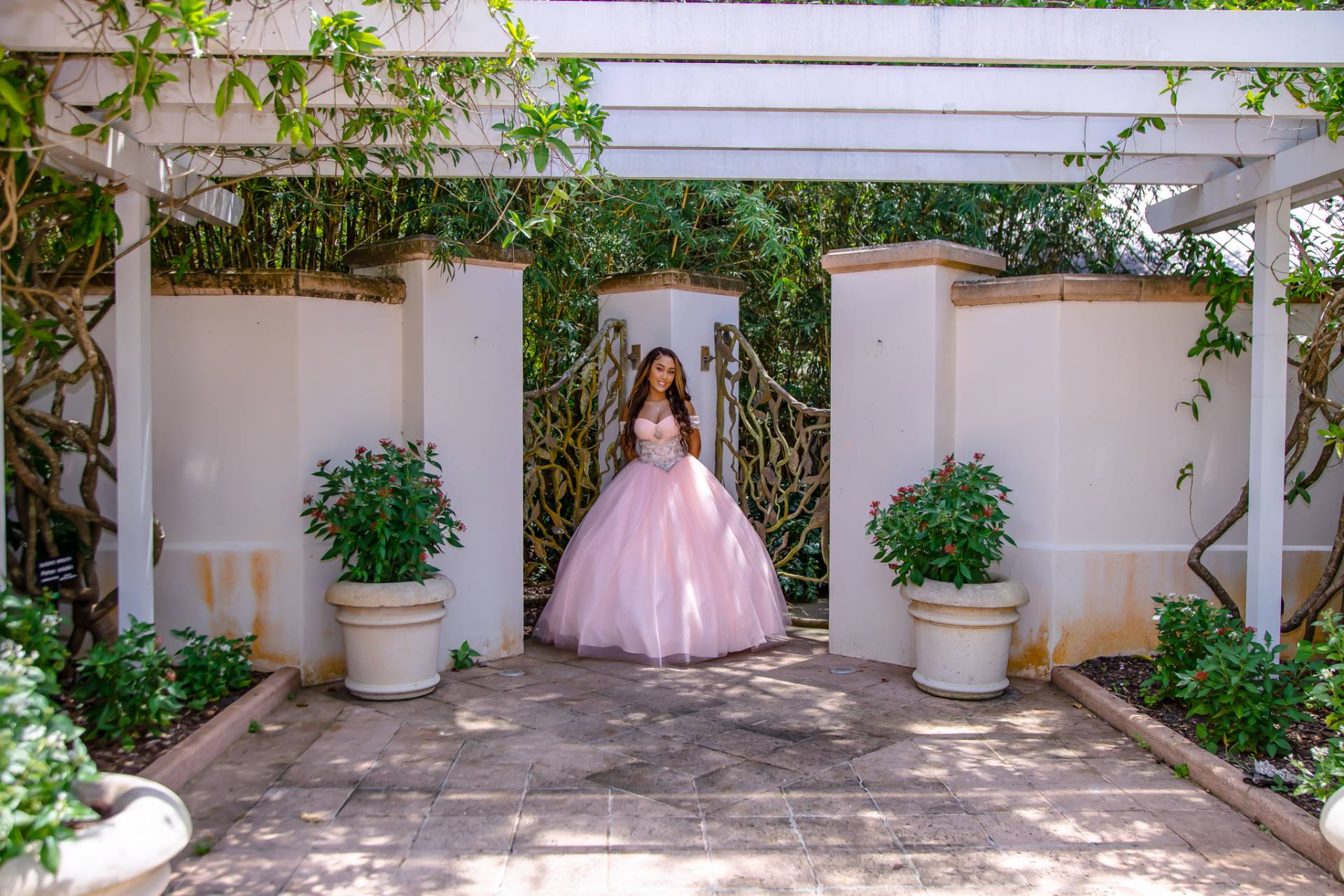 Quinceanera girl in her pink dress with trees in the background